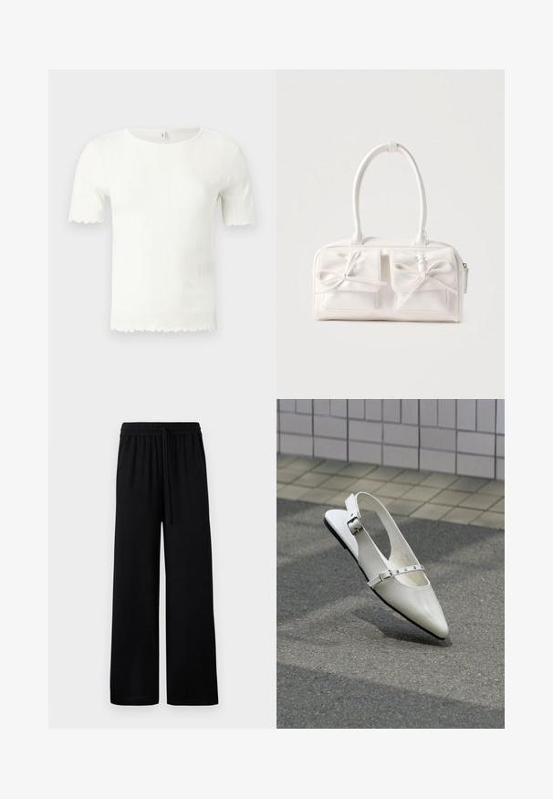 Top blanco de punto acanalado de manga corta con bordes festoneados en las mangas y el dobladillo, con escote redondo.; Pantalones anchos negros con cintura elástica y cordón ajustable. Tejido suave sin patrones ni acentos visibles.; Zapato plano blanco con punta puntiaguda y diseño slingback con dos hebillas plateadas, mostrado al aire libre sobre un suelo texturizado y fondo de pared con azulejos.; Bolso sintético blanco con dos bolsillos delanteros, cada uno con un detalle de lazo atado. Textura suave, asas redondeadas y cierre de cremallera.