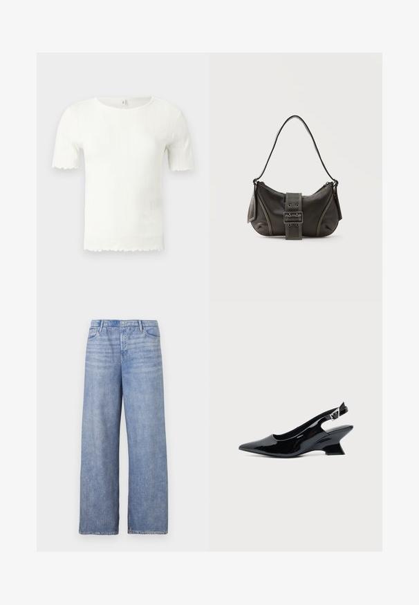 Haut blanc à manches courtes en tricot côtelé avec bords festonnés aux manches et à l'ourlet, doté d'un col rond.; Jeans large en denim bleu clair, dotés d'un design classique à cinq poches, d'une fermeture à bouton et d'un délavage visible sur le tissu.; Chaussure slingback en cuir verni noir avec bout pointu et petit talon bloc incliné sur fond clair uni.; Sac à épaule en cuir noir avec une sangle à boucle, des bords arrondis et des coutures blanches contrastées sur un fond uni.