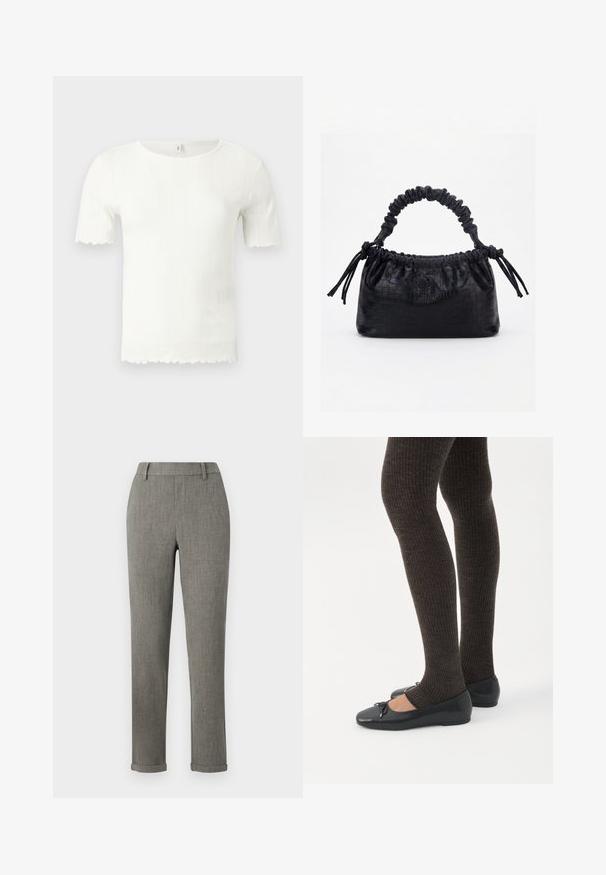 Top blanco de punto acanalado de manga corta con bordes festoneados en las mangas y el dobladillo, con escote redondo.; Pantalones ajustados gris tailored con trabillas para cinturón y bajos remangados, adecuados para ropa formal o de oficina.; Piernas con leggings oscuros acanalados combinados con bailarinas negras que presentan pequeños detalles de lazo sobre un fondo blanco.; Bolso negro con textura de cocodrilo, borde superior fruncido, asa recogida y cordones con borlas en cada lado sobre un fondo blanco.
