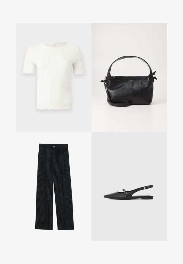 Haut blanc à manches courtes en tricot côtelé avec bords festonnés aux manches et à l'ourlet, doté d'un col rond.; Pantalons large à rayures noires en tissu texturé, dotés d'une fermeture à bouton sur le devant et d'un design plissé pour un intérêt supplémentaire.; Chaussures slingback en cuir noir avec un bout pointu, comprenant une lanière étroite et un accent de boucle argentée sur le côté. Semelle plate.; Sac à main en cuir noir au design structuré, avec une poignée arrondie et une bandoulière amovible. Présente une texture lisse et un éclat subtil.