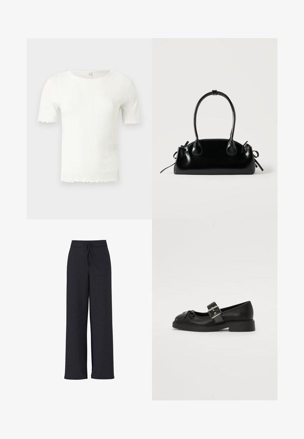 Top blanco de punto acanalado de manga corta con bordes festoneados en las mangas y el dobladillo, con escote redondo.; Pantalones de pierna ancha de color gris oscuro con tela texturizada, con una cintura elástica y cordón ajustable para un ajuste cómodo.; Zapato Mary Jane de cuero negro con punta redonda, correa al tobillo y detalles de hebilla plateada. Presenta una suela plana y robusta con un acento de lazo.; Pequeño bolso negro brillante con dos asas largas y detalles de cordón lateral sobre un fondo claro liso.