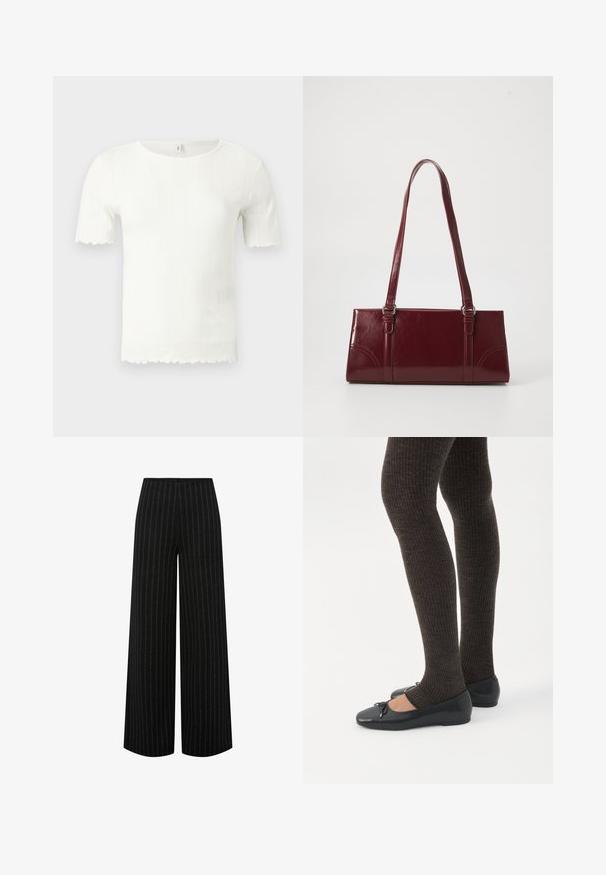 Haut blanc à manches courtes en tricot côtelé avec bords festonnés aux manches et à l'ourlet, doté d'un col rond.; Pantalon noir à jambes larges avec des fines rayures verticales blanches et une taille haute, présenté à plat sur un fond blanc.; Jambes portant des leggings côtelés foncés associés à des ballerines noires avec de petits détails en nœud sur fond blanc.; Sac à main bordeaux en matériau brillant, de forme rectangulaire, avec deux anses et des accents légèrement courbés à l'avant.