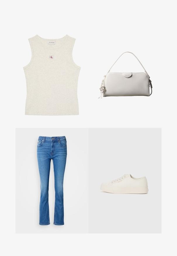 Αμάνικο ανοιχτό μπεζ ριγέ τοπ με ετικέτα Calvin Klein Jeans στο εσωτερικό του γιακά και μικρό λογότυπο CK κεντραρισμένο κάτω από το λαιμό.; Μπλε τζιν παντελόνι με φάρδος, μέσης μεσαίας ύψους, που διαθέτει κλασικό σχέδιο πέντε τσεπών και διακριτική ξεθωριασμένη υφή στα γόνατα.; Αθλητικά παπούτσια από καμβά σε off-white απόχρωση, με χαμηλή σόλα, στρογγυλή μύτη και επίπεδη λάστιχη σόλα με λεπτομέρειες ραφής.; Λευκή ορθογώνια τσάντα Calvin Klein με μονό χερούλι, μίνιμαλ σχεδιασμό και διακοσμητικά φουντάκια με γεωμετρικό μεταλλικό γούρι στην πλευρά.