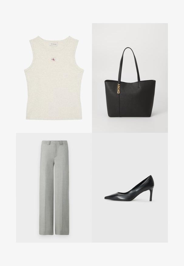 Ärmelloses, hellbeiges, geripptes Tanktop mit Calvin Klein Jeans Etikett am Kragen innen und kleinem CK-Logo-Patch zentriert unterhalb des Halsausschnitts.; Graue, weit geschnittene Hosen aus leichtem Stoff, mit flachem Bund, Gürtelschlaufen und sauberen, maßgeschneiderten Linien ohne sichtbare Muster.; Schwarze Leder-Pumps mit spitzem Zehenbereich und schmalem Absatz, glatter Textur und ohne sichtbare Verzierungen. Sauberes Design mit minimalistischem Ästhetik.; Schwarze Tragetasche aus strukturiertem synthetischem Material, mit doppelten Henkeln und einem goldenen Logoakzent an der Seite. Offenes Design an der Oberseite für einfachen Zugang.