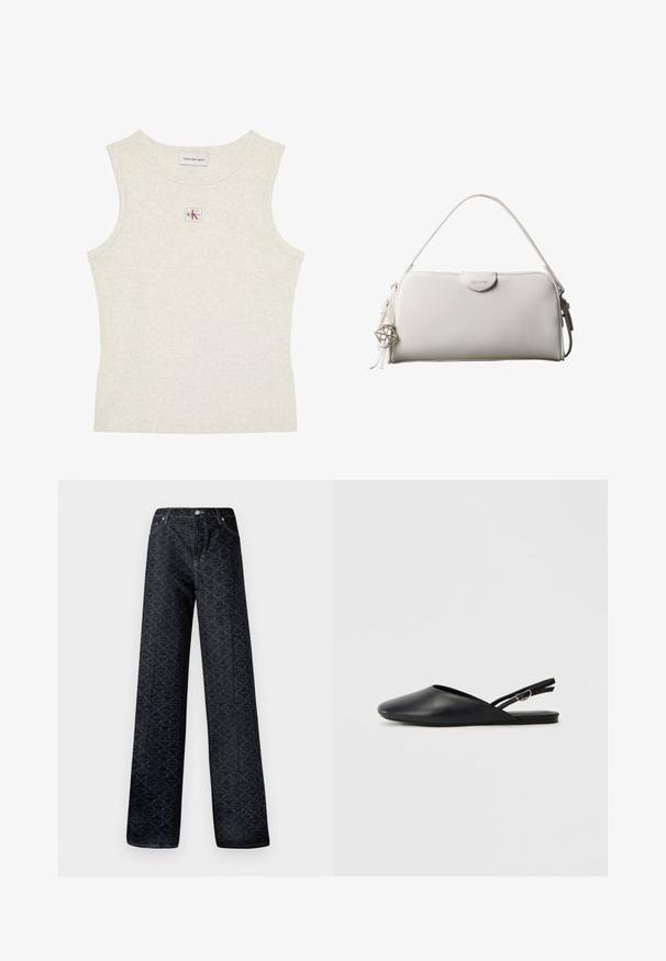 Mouwloze lichtbeige geribde tanktop met Calvin Klein Jeans-label aan de binnenkant van de kraag en een klein CK-logo onderaan de halslijn in het midden.; Donkerblauwe wijde spijkerbroek met een geometrisch patroon, gemaakt van denim. Voorzien van metalen knoop, ritssluiting en gestikte voorkruiszakken.; Zwarte leren slingback schoenen met een puntige neus, gebogen ontwerp en verstelbare gesp. Glad textuur, platte zool, minimale details.; Witte rechthoekige Calvin Klein handtas met enkele handgreep, minimalistisch ontwerp en decoratieve kwastjes met geometrische metalen hanger aan de zijkant.