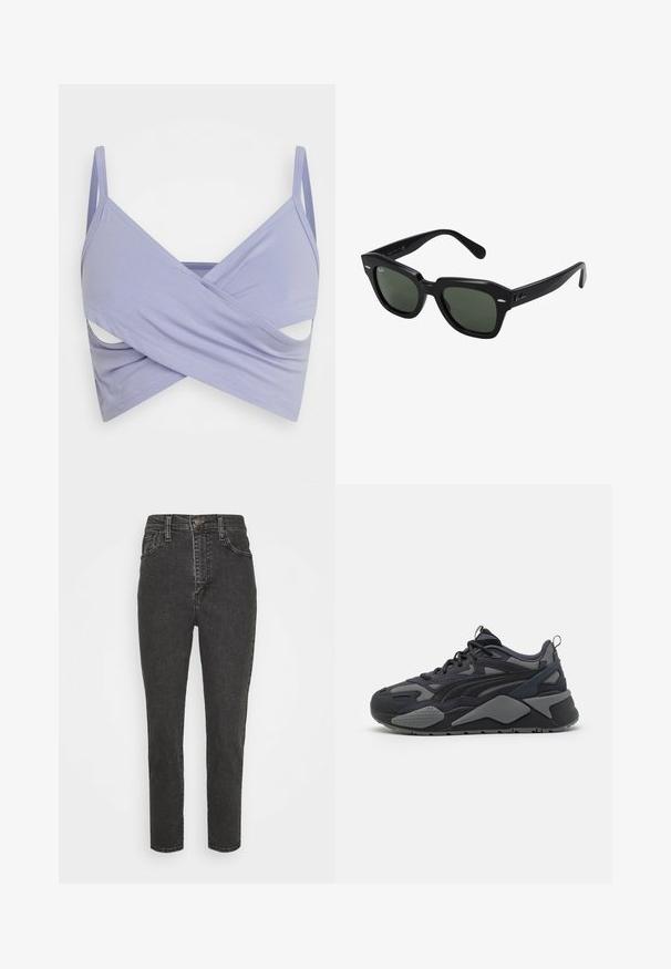 Even&Odd Top - lilac; Højtaljede sorte denim jeans med slim fit, der har en knaplukning, bælteløkker og klassisk fem-lomme-design.; Sorte atletiske sneakers med mesh- og tekstiloverdel i grå nuancer, en kraftig sål og markante designlinjer.; Sorte firkantede solbriller med mørkegrønne linser, der har kraftige stel og sølvdetaljer på siderne. Fremstillet i Italien.