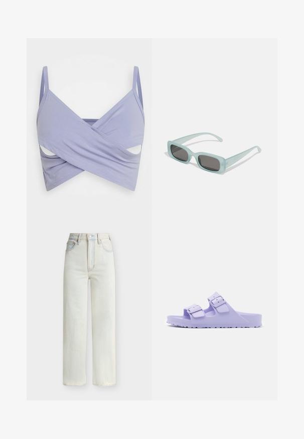 Even&Odd by Zalando Top - lilac; Lichtblauwe denim jeans met hoge taille, rechte pijpen, vooraan sluiting met knopen en rits, en een ontwerp met vijf zakken.; Paarse hars sandalen met twee verstelbare banden, voorzien van een matte afwerking en een geëxtraheerde zool. Lichtgewicht ontwerp geschikt voor casual gebruik.; Een paar rechthoekige zonnebrillen met lichtblauwe doorzichtige monturen en donkergrijze glazen, met rechte pootjes en minimale hardwaredetails.