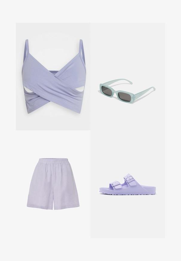 Even&Odd by Zalando Top - lilac; Pantalones cortos de lavanda clara hechos de una tela suave, con una cinturilla elástica y un corte relajado, presentando un diseño simple y sin adornos.; Sandalias de resina morada con dos correas ajustables que presentan un acabado mate y suela texturizada. Diseño ligero adecuado para uso casual.; Un par de gafas de sol rectangulares con montura translucida azul clara y lentes gris oscuro, que cuentan con patillas rectas y detalles de hardware mínimos.