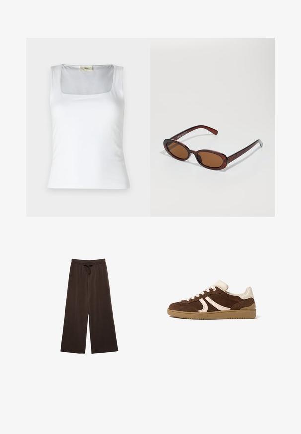 Débardeur blanc à encolure carrée fabriqué en tissu lisse. Présente des bretelles larges et une silhouette ajustée. Aucune motif ou ornement visible.; Pantalons larges marron avec un waistband à cordon. Fabriqués en tissu doux, avec des coutures verticales à l'avant pour un détail supplémentaire.; Baskets en daim brun avec accents crème, lacets blancs et semelle en caoutchouc gomme, vues de profil extérieur sur fond blanc.; Lunettes de soleil rondes teinte brun avec une monture bordeaux brillante. Branches fines avec un détail de marque subtil. Design de verres plats.