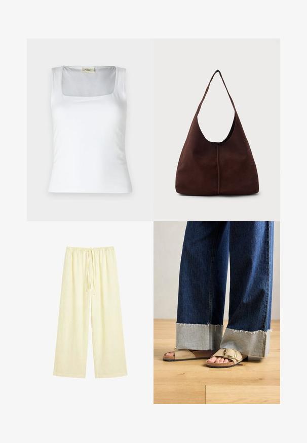 Witte tanktop met vierkante halslijn, gemaakt van zachte stof. Beschikt over brede bandjes en een aansluitende pasvorm. Geen zichtbare patronen of versieringen.; Loszittende crème-kleurige broek met een elastische tailleband en een koord aan de voorkant, gemaakt van een zachte, lichte stof.; Voeten in beige Birkenstock-sandalen met gouden gespen, gecombineerd met donkerblauwe denimspijkerbroeken die bij de boorden opgerold zijn, staande op een houten vloer.; Bruine suède hobo tas met een grote, gebogen opening en een brede schouderband. Heeft een centrale naad aan de voorkant. Glad van structuur.