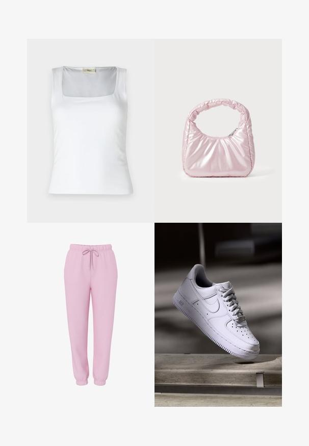 Weißes Tanktop mit quadratischem Ausschnitt, aus glattem Stoff gefertigt. Besitzt breite Träger und eine enganliegende Silhouette. Keine sichtbaren Muster oder Verzierungen.; Hellrosa Jogginghose mit elastischem Bund, Kordelzug, Seitentaschen und elastischen Bündchen, abgebildet auf weißem Hintergrund.; Weißer Nike Air Force 1 Sneaker schwebt über einer Betonoberfläche mit Schatten in einem minimalistischen Umfeld.; Rosa, gepolsterte Handtasche mit abgerundeter Form, aus glänzendem Material gefertigt. Verfügt über einen gerafften Griff und einen Reißverschluss für sicheren Zugang.