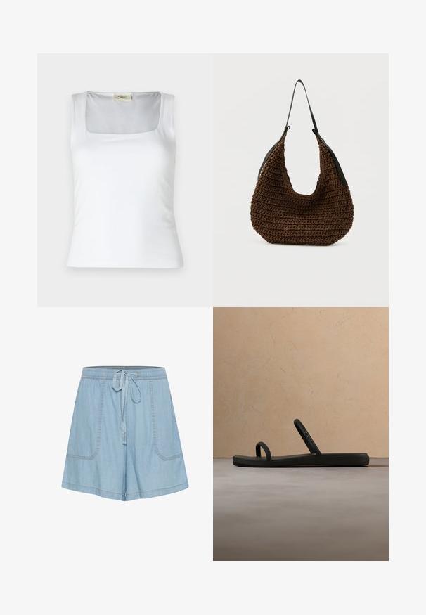 Hvid top med firkantet halsudskæring lavet af glat stof. Har brede stropper og en tætsiddende silhuet. Ingen synlige mønstre eller dekorationer.; Lyseblå denim shorts med elastisk talje, bånddetalje, to forlommer og syede accenter.; Sort Crocs-sandal med minimalistiske dobbelte stropper svævende over beige tæppe i et neutralt farvet rum med blødt møblement i baggrunden.; Brun vævet håndtaske med en blød, afrundet form og en enkelt slank sort skulderrem mod en ensfarvet baggrund.