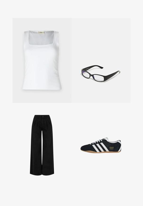 Débardeur blanc à encolure carrée fabriqué en tissu lisse. Présente des bretelles larges et une silhouette ajustée. Aucune motif ou ornement visible.; Pantalon noir taille haute à jambes larges avec plis devant, fermeture à boutons et passants pour ceinture, présenté sur fond blanc.; Sneakers en suede noir avec trois bandes blanches, logo doré et semelle en caoutchouc marron. Présente un design à lacets à profil bas.; Des lunettes rectangulaires noires avec des verres transparents. Fini brillant, branches étroites et teinte violette visible sur les bords des verres.