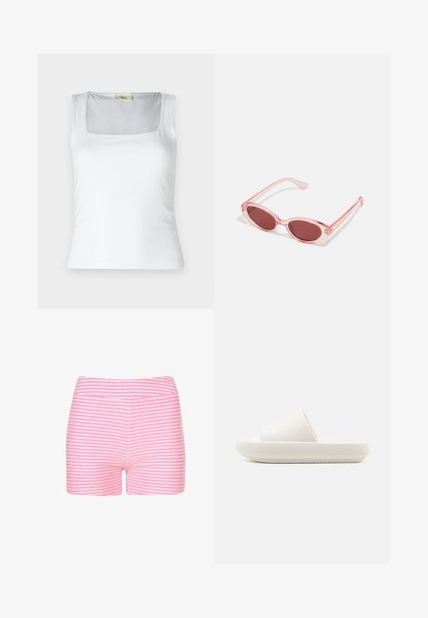 Witte tanktop met vierkante halslijn, gemaakt van zachte stof. Beschikt over brede bandjes en een aansluitende pasvorm. Geen zichtbare patronen of versieringen.; Roze en witte gestreepte shorts van zachte stof. Heeft een getailleerd ontwerp en een soepele tailleband zonder aanvullende details of hardware.; Witte schommel sandaal met een gestructureerde band en een afgeronde, verhoogde zool. Het materiaal lijkt soepel en duurzaam met een subtiel patroon.; Roze transparante zonnebril met ovale lenzen, donkerrode tint en slanke pootjes, met een gladde afwerking en subtiele details op het frame.