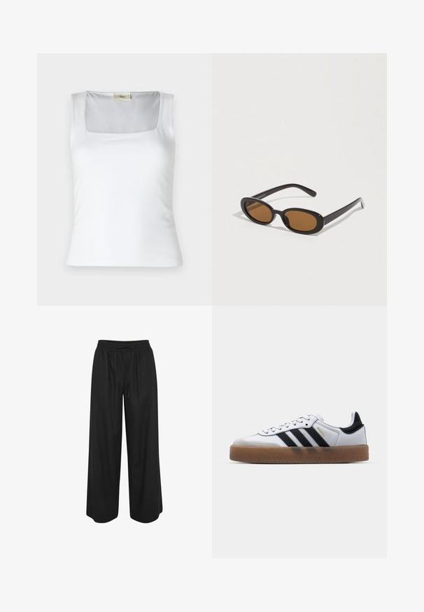 Top de tirantes blanco con escote cuadrado, hecho de una tela suave. Presenta tirantes anchos y una silueta ajustada. Sin patrones ni adornos visibles.; Pantalones negros de pierna ancha con cintura elástica y cordón, hechos de tela ligera, mostrados sobre un fondo blanco.; Zapatillas de cuero blancas con rayas negras, suela de goma, puntera redonda, cierre de cordones y caperuza de ante gris suave.; Gafas de sol con lentes ovaladas marrones, montura de plástico negro y varillas delgadas. Textura suave con un diseño minimalista.