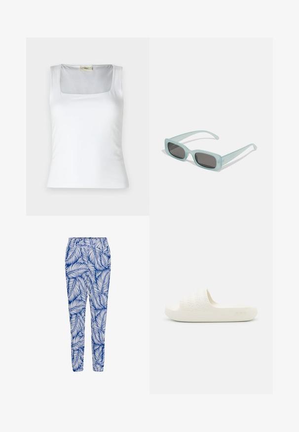 Débardeur blanc à encolure carrée fabriqué en tissu lisse. Présente des bretelles larges et une silhouette ajustée. Aucune motif ou ornement visible.; Pantalon bleu et blanc à motif featuring un design de feuilles, taille élastique et bas resserrés, fabriqué dans un tissu léger et respirant.; Sandale blanche à enfiler avec une bride texturée présentant des nervures horizontales et une semelle lisse. Marquage discret sur le côté.; Une paire de lunettes de soleil rectangulaires avec des montures translucides bleu clair et des verres gris foncé, présentant des branches droites et des détails matériels minimaux.