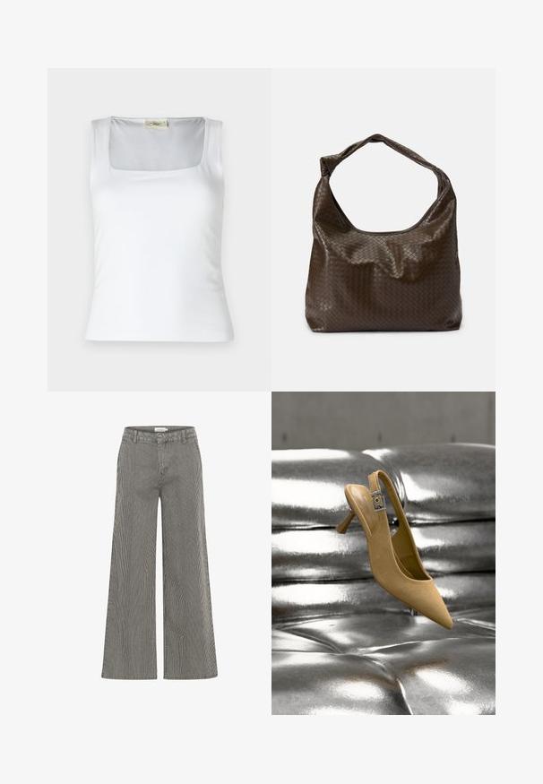 Débardeur blanc à encolure carrée fabriqué en tissu lisse. Présente des bretelles larges et une silhouette ajustée. Aucune motif ou ornement visible.; Pantalons large à rayures noires et blanches avec une taille haute, présentant des passants de ceinture et une texture lisse. Convient pour une tenue décontractée ou formelle.; Chaussure beige en daim à talonkitten et bride arrière avec une boucle argentée, positionnée au-dessus d'une surface capitonnée métallique brillante.; Sac en cuir tressé marron avec une forme souple, une anse unique et une surface texturée. Il présente une finition douce et brillante ainsi que des bords arrondis.