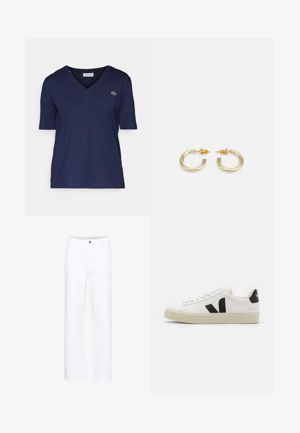 T-shirt bleu marine à col en V, fabriqué en coton doux, avec des manches courtes et un petit logo vert Lacoste sur le côté gauche de la poitrine.; Jeans blancs à jambes larges en denim. Présentent une fermeture à bouton et un design traditionnel à cinq poches. Texture lisse avec une finition soignée.; Baskets en cuir blanc avec un logo V en caoutchouc noir. Semelle texturée blanc cassé, lacets blancs et détail sur le talon arrière portant le nom de la marque en noir.; Boucles d'oreilles en métal doré en forme d'anneau, avec une finition lisse et arrondie. Elles possèdent des accents orange à l'arrière pour un maintien sécurisé.