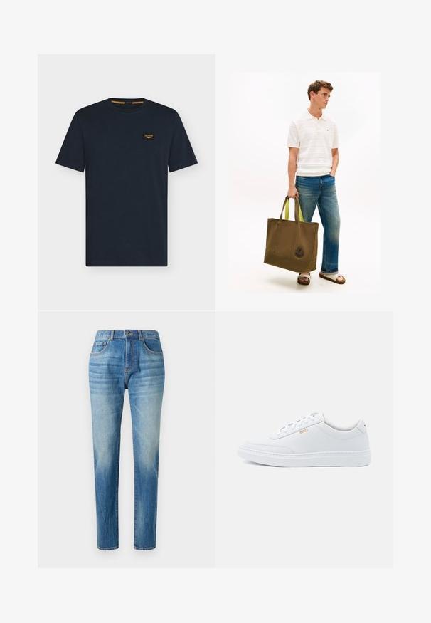 Mørkeblå t-shirt med korte ærmer og rund hals med et lille rektangulært logo på venstre bryst.; Lyseblå denimjeans med lige ben, høj talje, subtilt slid og klassisk fem-lomme-design. Metalknaplukning.; Hvide lædersneakers med glat tekstur, rund tå og ton-i-ton syning. Har blå snørebånd og et gult logo på siden.; Ung mand iført hvid polo-shirt, blå jeans og sandaler, der holder en stor olivengrøn skuldertaske med gule håndtag og emblem.