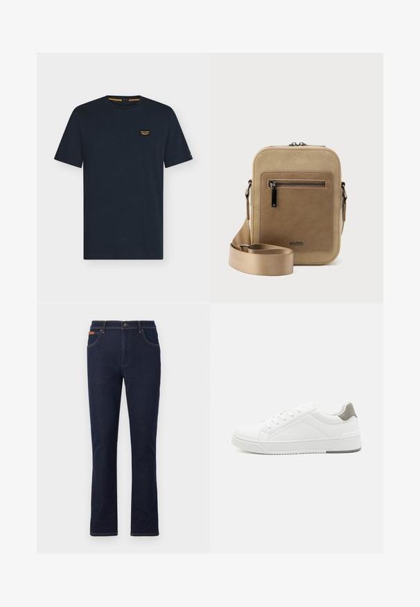 Dunkelblaues T-Shirt mit kurzen Ärmeln und Rundhals mit einem kleinen rechteckigen Logo-Patch auf der linken Brust.; Dunkelblaue Jeans mit geradem Bein, vorderem Knopf und Reißverschluss, Taschen vorne und hinten sowie braunen Nähten.; Weißer Sneaker aus glattem Leder, runde Zehenpartie, minimalistisches Design, graue Fersenkante und strukturierte Gummisohle.; Kleine beige Umhängetasche mit vorderer Reißverschlusstasche, metallischem ALDO-Logo, verstellbarem breitem Riemen und abgerundeter rechteckiger Form vor weißem Hintergrund.