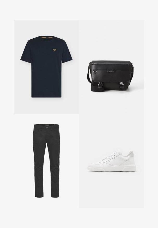 Donkerblauw T-shirt met korte mouwen en ronde hals met een klein rechthoekig logoplaatje op de linkerborst.; Zwarte katoenmix broek met een slim fit, voorzien van vijf zakken, een voorknoop en ritsluiting, met subtiele stikdetails.; Witte leren sneakers met een gladde afwerking, ronde neus, platte veters en een gestructureerde zool. Grijze suède accent bij de hiel.; Zwarte textuur Lacoste schoudertas met verstelbare strap, voormep flap, ritszak en metalen gesp-sluiting.