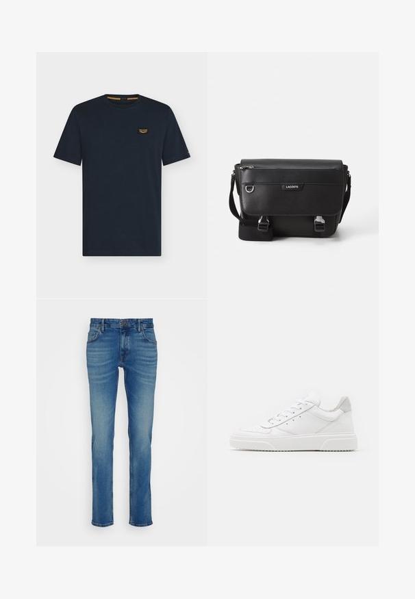 Dunkelblaues T-Shirt mit kurzen Ärmeln und Rundhals mit einem kleinen rechteckigen Logo-Patch auf der linken Brust.; Blaue Denim-Jeans mit geradem Bein, fünf Taschen und einem Knopfverschluss an der Taille, mit leichtem Verblassen und Whisker-Effekten.; Weiße Leder-Sneaker mit glatter Oberfläche, rundem Zehenbereich, flachen Schnürsenkeln und strukturiertem Schuhsohlen. Graues Wildleder-Detail an der Ferse.; Schwarze, strukturierte Lacoste-Umhängetasche mit verstellbarem Tragegurt, Frontklappe, Reißverschlusstasche und Metallschnallen.