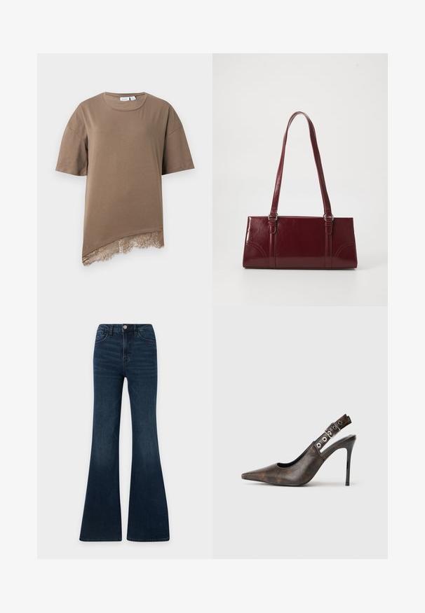T-shirt marron à manches courtes avec encolure ronde et ourlet asymétrique orné d'une délicate bordure en dentelle sur le bord inférieur.; Jean en denim bleu foncé taille haute avec coupe évasée, fermeture devant par bouton et zip, poches devant et derrière.; Chaussure à talon haut slingback en cuir marron, à bout pointu, avec une sangle réglable et un talon aiguille noir sur fond uni.; Sac à main bordeaux en matériau brillant, de forme rectangulaire, avec deux anses et des accents légèrement courbés à l'avant.