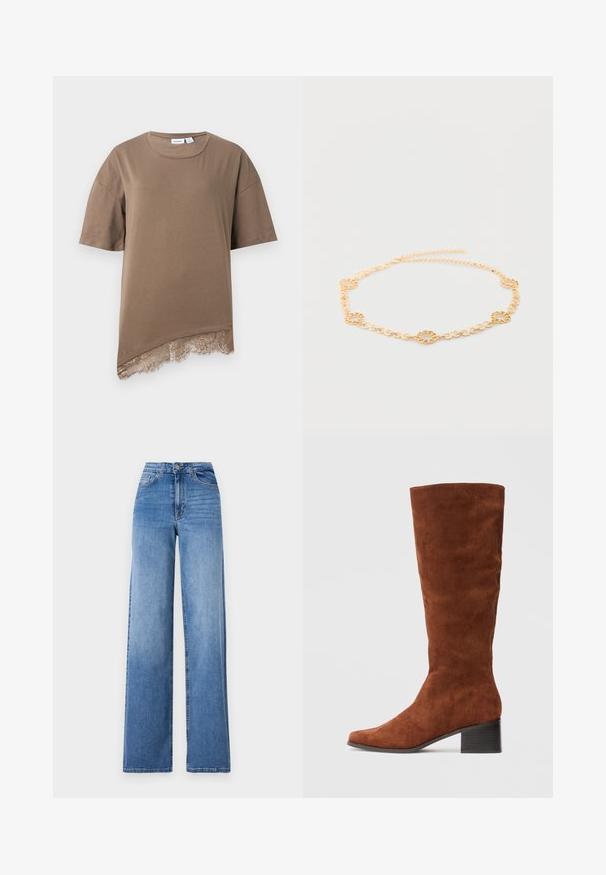 Bruine T-shirt met korte mouwen, ronde hals en asymmetrische zoom met delicate kantafwerking aan de onderkant.; Lichtblauwe wijd uitlopende spijkerbroek van denim, met een hoge taille, voorkruiszakken en een standaard knoopsluiting. Gladde textuur.; Bruine suède kniehoge laars met een vierkante neus en een blokhak. De schacht is glad en strak zonder extra versieringen.; Delicate gouden ketting met afwisselend kleine schakels en vijf gestructureerde ronde schakels die gelijkmatig rond de ketting zijn geplaatst.