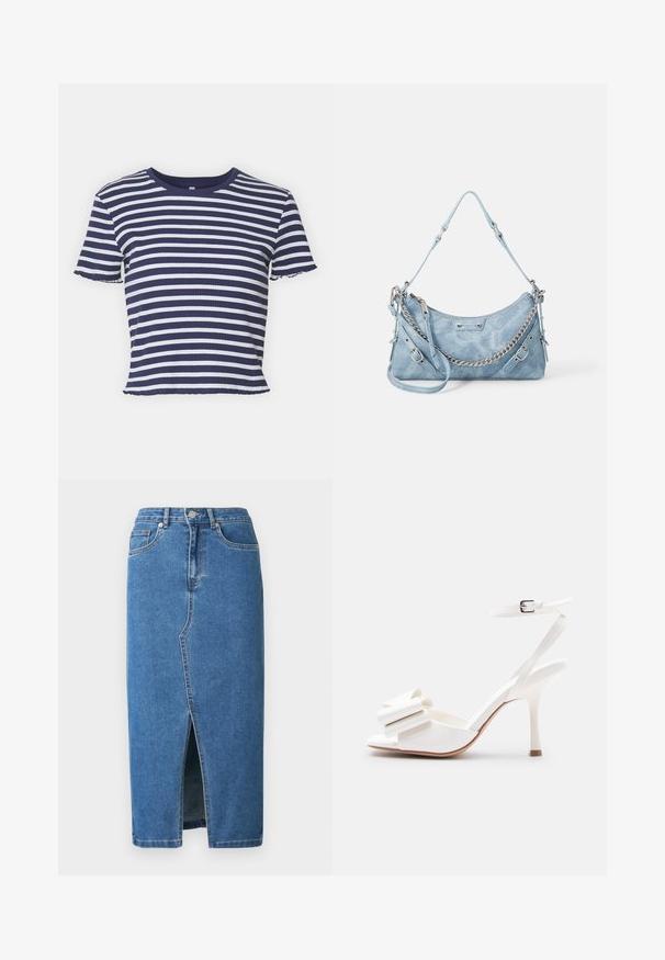 ONLY ONLMETTI BOX - T-shirt print - cloud dancer/clear sky; Denim midi-rok in blauw. Voorzien van een voorsplit, een hoge tailleband en een ontwerp met vijf zakken. Klassieke stiksels en metalen hardware accenten.; Witte sandaal met hoge hak en enkelbandje, open teen en decoratieve strik op het voorste bandje tegen een effen achtergrond.; ALDO FARALAELIAX - Handtas - blue