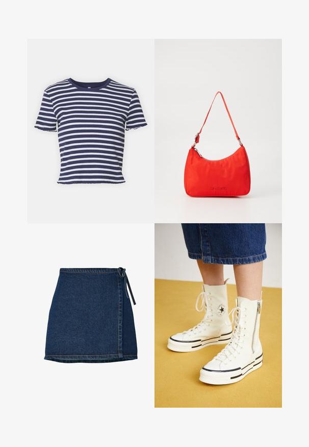 ONLY ONLMETTI BOX - T-shirt imprimé - cloud dancer/clear sky; Jupe en denim avec un design enroulé, de couleur bleu foncé, et une taille nouée. Présente des détails de couture le long de l'ourlet et de la couture latérale.; Baskets montantes blanches avec une fermeture éclair, un design à lacets et des accents de rayures noires sur une semelle épaisse. Matériau en toile texturée.; Sac à main en nylon rouge avec une silhouette courbée, une seule anse, des accessoires en métal argenté et un logo embossé à l'avant. Texture lisse.