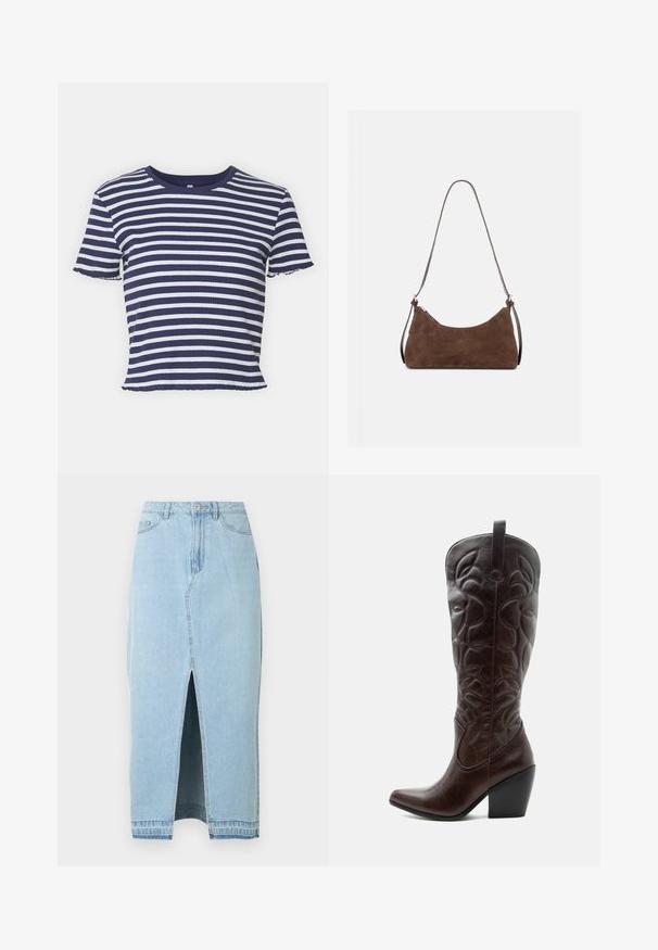 ONLY ONLMETTI BOX - T-shirt imprimé - cloud dancer/clear sky; Jupe en jean bleu clair avec une fente à l'avant et une ceinture. Comprend le design traditionnel à cinq poches et une fermeture à bouton en métal.; Botte de cowboy haute en cuir marron foncé avec motifs décoratifs cousus, bout pointu et talon bloc empilé.; Sac à épaule en daim marron avec une fermeture éclair incurvée en haut et une fine bandoulière réglable, présenté sur un fond clair uni.