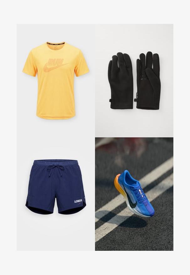 T-shirt de course Nike Dri-FIT jaune à manches courtes avec l'inscription "RUN" et le logo swoosh imprimés sur la poitrine, col rond.; Short de running Nike bleu marine avec taille à cordon, poches latérales et « LONDON » imprimé au-dessus du logo Nike Swoosh sur la jambe gauche.; Chaussure de course Nike bleue et jaune en plein air au-dessus d'une route en asphalte avec des lignes blanches, soulevant de petites particules.; Des gants noirs en matière polaire présentent une surface texturée, un design de doigts courbés et des accents élastiques pour un ajustement confortable.