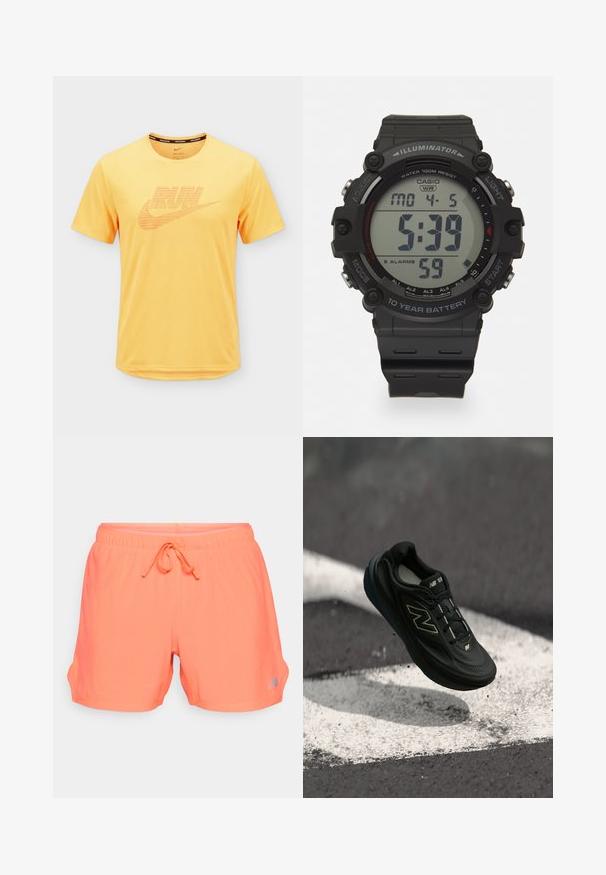 Gul kortærmet Nike Dri-FIT løbetrøje med "RUN" og swoosh-logo trykt på brystet, rund hals.; Neon orange atletikshorts med en åndbar meshstruktur, elastisk talje med snor og sidelommer. Sølvlogo-detalje på venstre side.; Sort løbesko med mesh-overdel, skumsål og reflekterende detaljer. Har flade snørebånd og en polstret krave, ophængt over en racerbane.; Digital ur med sort gummirem, rundt sort bezel, LCD-display der viser tid, dato og funktioner, vandtæt op til 100m, 10 års batteri.