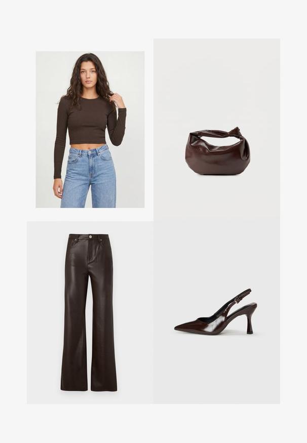 Joven mujer con cabello largo y rizado, vestida con un top corto marrón oscuro de manga larga y vaqueros de tiro alto y color azul claro sobre un fondo liso.; Vero Moda Wide-leg VMTESSA High rise - Pantalones - chocolate torte; Zapatos de tacón slingback de charol marrón con punta afilada, tacón delgado y correa ajustable con una pequeña hebilla.; Bolso de hombro de cuero marrón oscuro con una forma suave y caída, y un asa con nudo torcido sobre un fondo blanco liso.