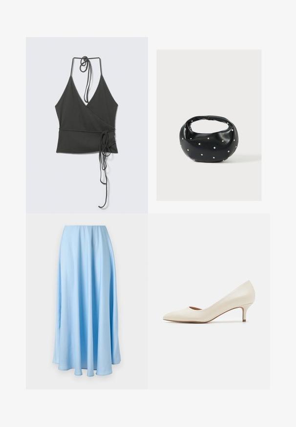 Top tipo halter sin mangas en gris oscuro con tirantes finos que se atan en el cuello y la cintura, lazos de tela colgando sobre un fondo claro.; Falda azul claro hasta el suelo, de talle alto, con pliegues suaves y una textura de tela fluida y lisa.; Zapato de tacón bajo beige con punta afilada y un acabado superior suave y brillante. Presenta un sutil corte a lo largo del arco y un tacón delgado y cónico.; Bolso de mano de cuero negro con forma redondeada, decorado con detalles de tachuelas plateadas y un asa corta. Textura lisa y cierre con cremallera.