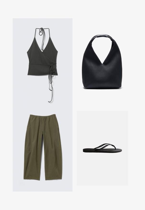 Haut cache-cœur sans manches gris foncé avec des fines bretelles nouées au cou et à la taille, liens en tissu tombant sur fond clair.; Pantalon ample vert olive avec taille élastique et poches latérales, présenté à plat sur un fond neutre.; Sandale tong en caoutchouc noir avec semelle texturée et fines brides en Y sur un fond blanc uni.; Sac hobo noir avec un design texturé et plissé, présentant une ouverture en V et une poignée arrondie. Fabriqué à partir d'un matériau lisse et durable.