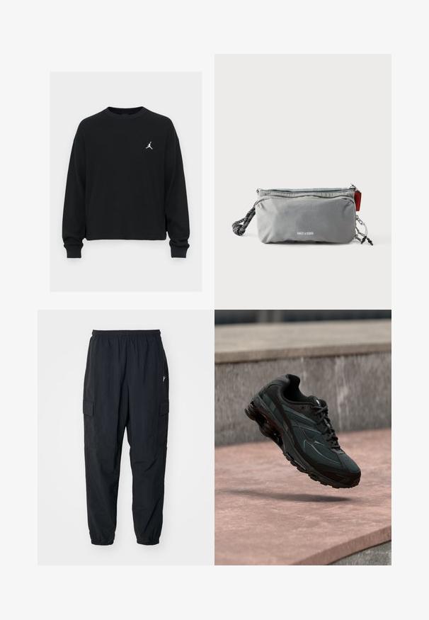 Sort, langærmet sweatshirt med tekstureret stof. Har en rund halsudskæring og et lille hvidt Jordan-logo på brystet.; Sorte cargo-bukser lavet af letvægtsmateriale, der har en elastisk talje, sidelommer og en afslappet pasform med elastiske manchetter.; Sort atletisk sneaker med synligt luftdæmpende mellemsål, der svæver over en pink stenoverflade med en grå stenvæg i baggrunden.; Grå rektangulær pung med lynlåse, sort-hvidt tovshåndtag på den ene side og teksten "ONLY & SONS" foran i centrum.
