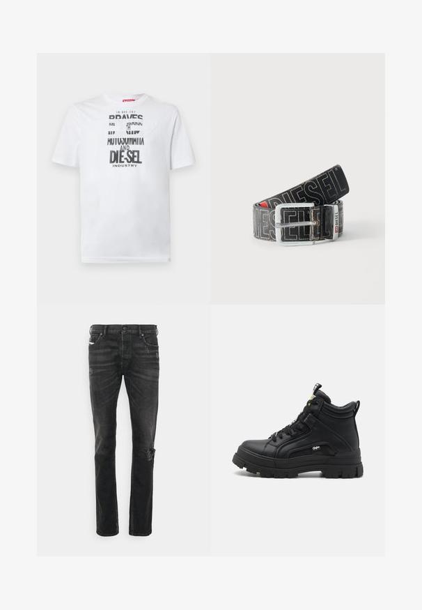 Weißes Baumwoll-T-Shirt mit fetter schwarzer Typografie und den Worten "BRAVES" und "DIE-SEL INDUSTRY" sowie einem halbtransparenten Cutout-Design.; Schwarze Denim-Jeans mit geradem Schnitt, versehen mit Abnutzungsspuren am Knie, Fünf-Taschen-Design und subtiler Ausbleichung der Stoffstruktur.; Schwarze hoch geschnittene Schuhe aus strukturiertem Leder, mit einer dicken Gummisohle, Schnürung vorne und einem kleinen Logodetail an der Seite.; Schwarzer Diesel-Gürtel mit großem weißen Logotext, rechteckiger silberner Schnalle und gebrandetem Metallschlaufen-Detail, aufgewickelt auf hellem Hintergrund.