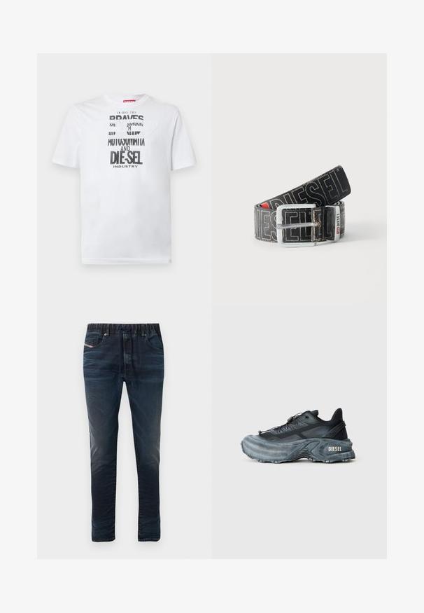 Camiseta blanca de algodón con tipografía negra audaz que muestra las palabras "BRAVES" y "DIE-SEL INDUSTRY" y un diseño de recorte semitransparente.; Vaqueros de mezclilla azul oscuro con una cintura elástica, cierre con cordón y cinco bolsillos. Textura suave con un sutil detalle de desgaste.; Zapatilla Diesel en negro y gris con suela gruesa, cierre de cordón y diseño texturizado sobre un fondo liso de color gris claro.; Cinturón negro Diesel con gran texto de logo en blanco, hebilla rectangular plateada y detalle de la anilla metálica con marca, enrollado sobre un fondo claro.