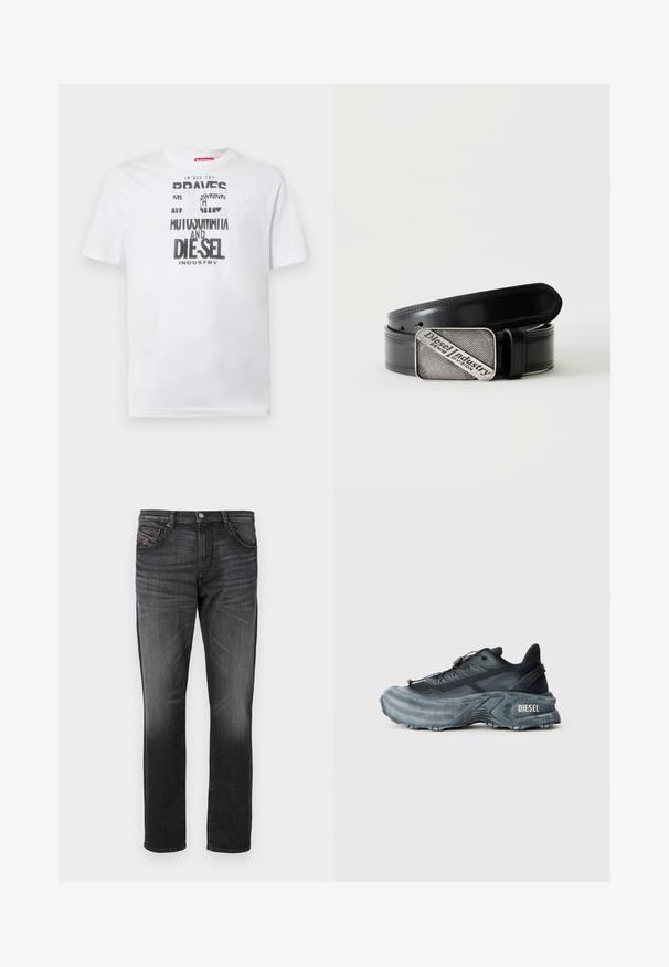 T-shirt en coton blanc avec une typographie noire audacieuse affichant les mots "BRAVES" et "DIE-SEL INDUSTRY" ainsi qu'un design découpé semi-transparent.; Jean en denim noir avec une coupe droite, cinq poches, un léger délavage et une petite étiquette en tissu rouge sur la poche avant.; Baskets Diesel noires et grises avec semelle épaisse, système de laçage à bascule et design texturé sur fond gris clair uni.; Ceinture en cuir noir avec une boucle rectangulaire argentée portant le texte gravé "Diesel Industry Denim Division" sur un fond clair à rayures.