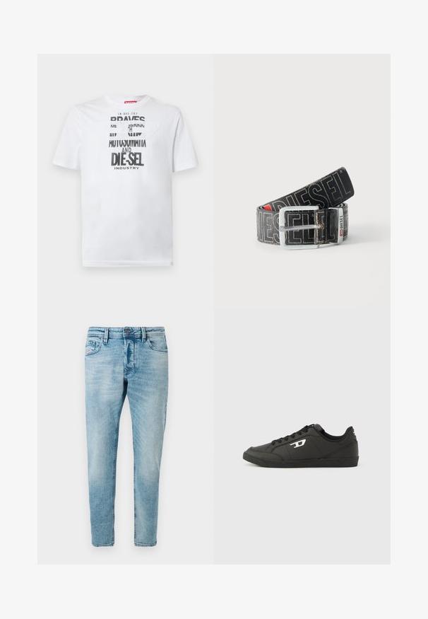 Weißes Baumwoll-T-Shirt mit fetter schwarzer Typografie und den Worten "BRAVES" und "DIE-SEL INDUSTRY" sowie einem halbtransparenten Cutout-Design.; Helle blaue Denim-Jeans im Slim-Fit mit Fronttaschen und Knopfverschluss. Der Stoff hat eine weiche, strukturierte Oberfläche.; Schwarze Sneakers aus synthetischem Material mit einer strukturierten schwarzen Sohle, rundem Zehenbereich und flachen schwarzen Schnürsenkeln. Auffälliges weißes Logo auf der Außenseite.; Schwarzer Diesel-Gürtel mit großem weißen Logotext, rechteckiger silberner Schnalle und gebrandetem Metallschlaufen-Detail, aufgewickelt auf hellem Hintergrund.