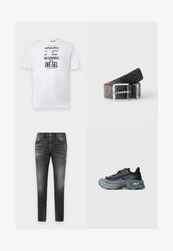 Wit katoenen T-shirt met gedurfde zwarte typografie met de woorden "BRAVES" en "DIE-SEL INDUSTRY" en een semi-transparant uitgesneden ontwerp.; Grijze denim jeans met een slim fit, voorzien van lichte slijtage, verwerkte details en een traditionele knoopsluiting.; Zwarte en grijze Diesel sneakers met dikke zool, vetersluiting en gestructureerd ontwerp op een effen lichtgrijze achtergrond.; Zwarte Diesel-riem met grote witte logotekst, rechthoekige zilveren gesp en merkmetal lusdetail, opgerold op een lichte achtergrond.