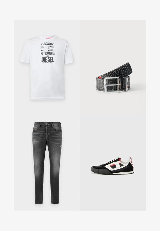 Weißes Baumwoll-T-Shirt mit fetter schwarzer Typografie und den Worten "BRAVES" und "DIE-SEL INDUSTRY" sowie einem halbtransparenten Cutout-Design.; Graue Denim-Jeans mit schlankem Schnitt, die über leicht abgewetzte Bereiche, distressed Details und einen traditionellen Knopfverschluss verfügen.; Diesel S PAGODHA LOW - Sneaker low - black; Schwarzer Diesel-Gürtel mit großem weißen Logotext, rechteckiger silberner Schnalle und gebrandetem Metallschlaufen-Detail, aufgewickelt auf hellem Hintergrund.