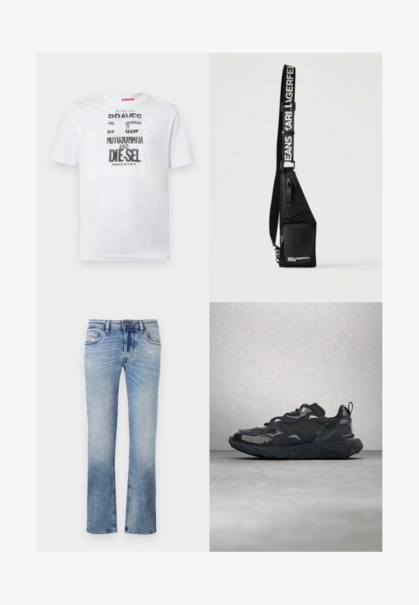 Hvid bomulds-T-shirt med fed sort typografi med ordene "BRAVES" og "DIE-SEL INDUSTRY" samt et semi-transparent udskåret design.; Lyseblå denim jeans med lige ben-design, der har frontlommer, lynlås og subtile falmninger i stoffet.; Sort løbesko med tekstureret overdel, glatte detaljer og en chunky sål med bølgemønster, designet for komfort og holdbarhed.; Sort crossbody taske med lynlåslomme foran og justerbar rem med teksten "KARL LAGERFELD JEANS" i hvide bogstaver.