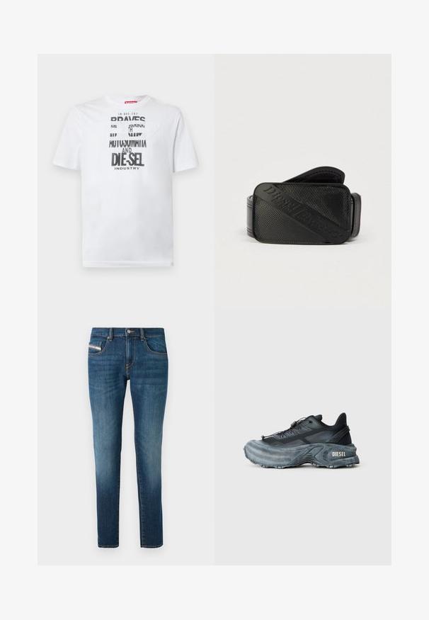 T-shirt en coton blanc avec une typographie noire audacieuse affichant les mots "BRAVES" et "DIE-SEL INDUSTRY" ainsi qu'un design découpé semi-transparent.; Jean en denim bleu foncé avec un léger délavage, coupe droite, cinq poches et des détails de couture contrastés.; Baskets Diesel noires et grises avec semelle épaisse, système de laçage à bascule et design texturé sur fond gris clair uni.; Ceinture noire présentant un design texturé avec un logo en relief bien visible. Le matériau semble lisse avec une finition en cuir.