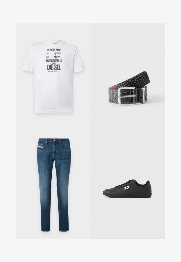 Hvid bomulds-T-shirt med fed sort typografi med ordene "BRAVES" og "DIE-SEL INDUSTRY" samt et semi-transparent udskåret design.; Mørkeblå denim jeans med en let falming, lige ben-design, fem lommer og kontrasterende syninger.; Sorte syntetiske sneakers med en struktureret sort sål, rund tå og flade sorte snørebånd. Fremtrædende hvidt logo på ydersiden.; Sort Diesel-bælte med stor hvid logo tekst, rektangulært sølvspænde og brandet metal-loop detalje, rullet sammen på en lys baggrund.