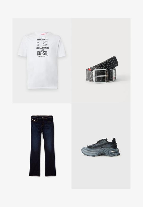 T-shirt en coton blanc avec une typographie noire audacieuse affichant les mots "BRAVES" et "DIE-SEL INDUSTRY" ainsi qu'un design découpé semi-transparent.; Jean en denim bleu foncé avec une coupe droite, présentant des coutures orange, une fermeture éclair et des poches avant. Texture lisse et taille standard.; Baskets Diesel noires et grises avec semelle épaisse, système de laçage à bascule et design texturé sur fond gris clair uni.; Ceinture noire Diesel avec grand texte logo blanc, boucle rectangulaire en argent, et détail de boucle métallique brandée, enroulée sur un fond clair.