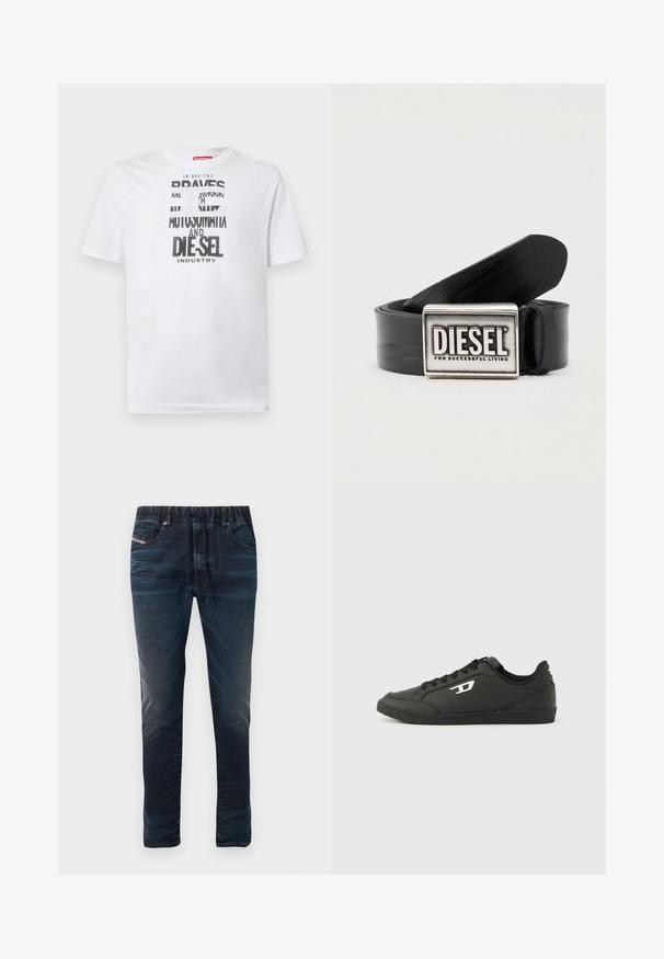 T-shirt en coton blanc avec une typographie noire audacieuse affichant les mots "BRAVES" et "DIE-SEL INDUSTRY" ainsi qu'un design découpé semi-transparent.; Jean en denim bleu foncé avec une taille élastique, une fermeture à cordon de serrage et cinq poches. Texture lisse avec un léger effet délavé.; Baskets synthétiques noires avec une semelle noire texturée, un bout rond et des lacets plats noirs. Logo blanc remarquablement placé sur le côté extérieur.; Ceinture en cuir noir avec une boucle rectangulaire argentée portant le nom de la marque "DIESEL" et la phrase "FOR SUCCESSFUL LIVING." Texture lisse.