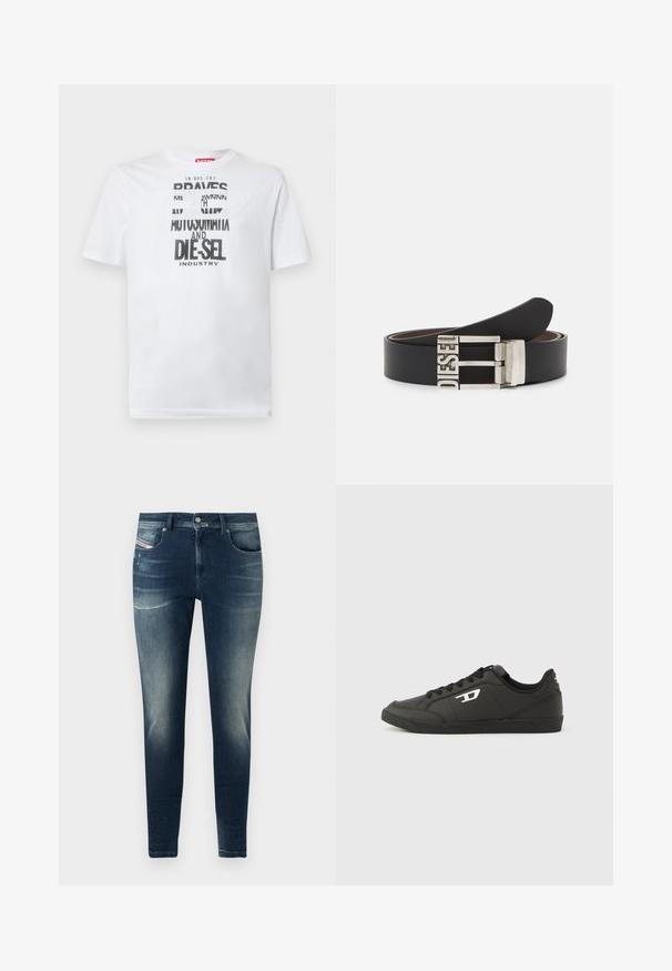 Wit katoenen T-shirt met gedurfde zwarte typografie met de woorden "BRAVES" en "DIE-SEL INDUSTRY" en een semi-transparant uitgesneden ontwerp.; Donkerblauwe denim jeans met een slim fit, voorzien van een vervaagde was, lichte slijtage en een klassieke vijf-pocket stijl.; Zwarte sneakers van synthetisch materiaal met een geribbelde zwarte zool, ronde neus en vlakke zwarte veters. Opvallend wit logomerk aan de buitenzijde.; Zwarte leren riem met een zilveren metalen gesp waarop de tekst "DIESEL" is gegraveerd. Het ontwerp is slank met een gladde textuur.