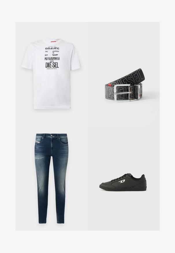 Hvid bomulds-T-shirt med fed sort typografi med ordene "BRAVES" og "DIE-SEL INDUSTRY" samt et semi-transparent udskåret design.; Mørkeblå denimjeans med slim fit, der har en falmet vask, let slid, og klassisk fem-lomme-design.; Sorte syntetiske sneakers med en struktureret sort sål, rund tå og flade sorte snørebånd. Fremtrædende hvidt logo på ydersiden.; Sort Diesel-bælte med stor hvid logo tekst, rektangulært sølvspænde og brandet metal-loop detalje, rullet sammen på en lys baggrund.